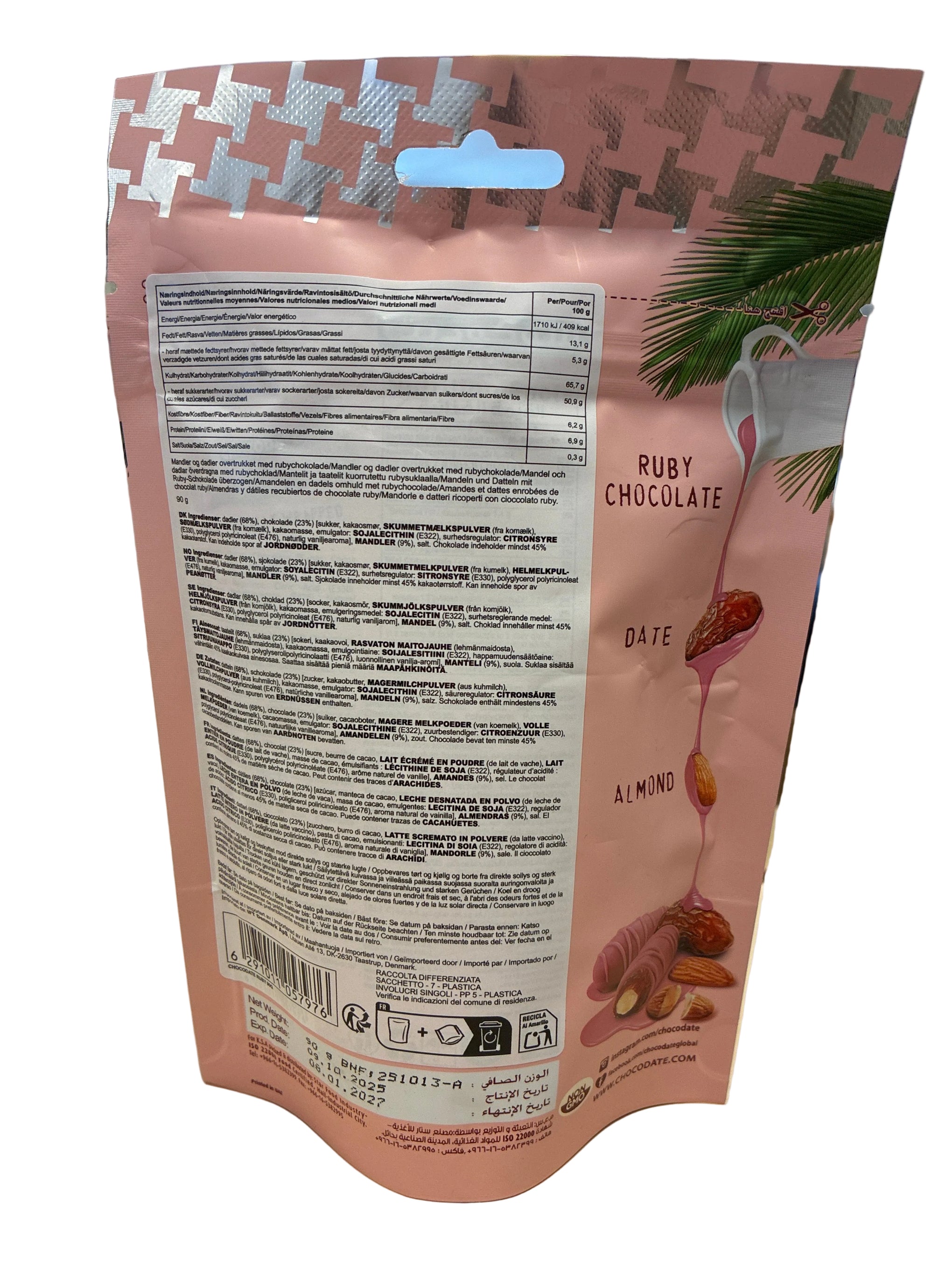 CHOCODATE | RUBY chocolate dadler m mandler | 90 g