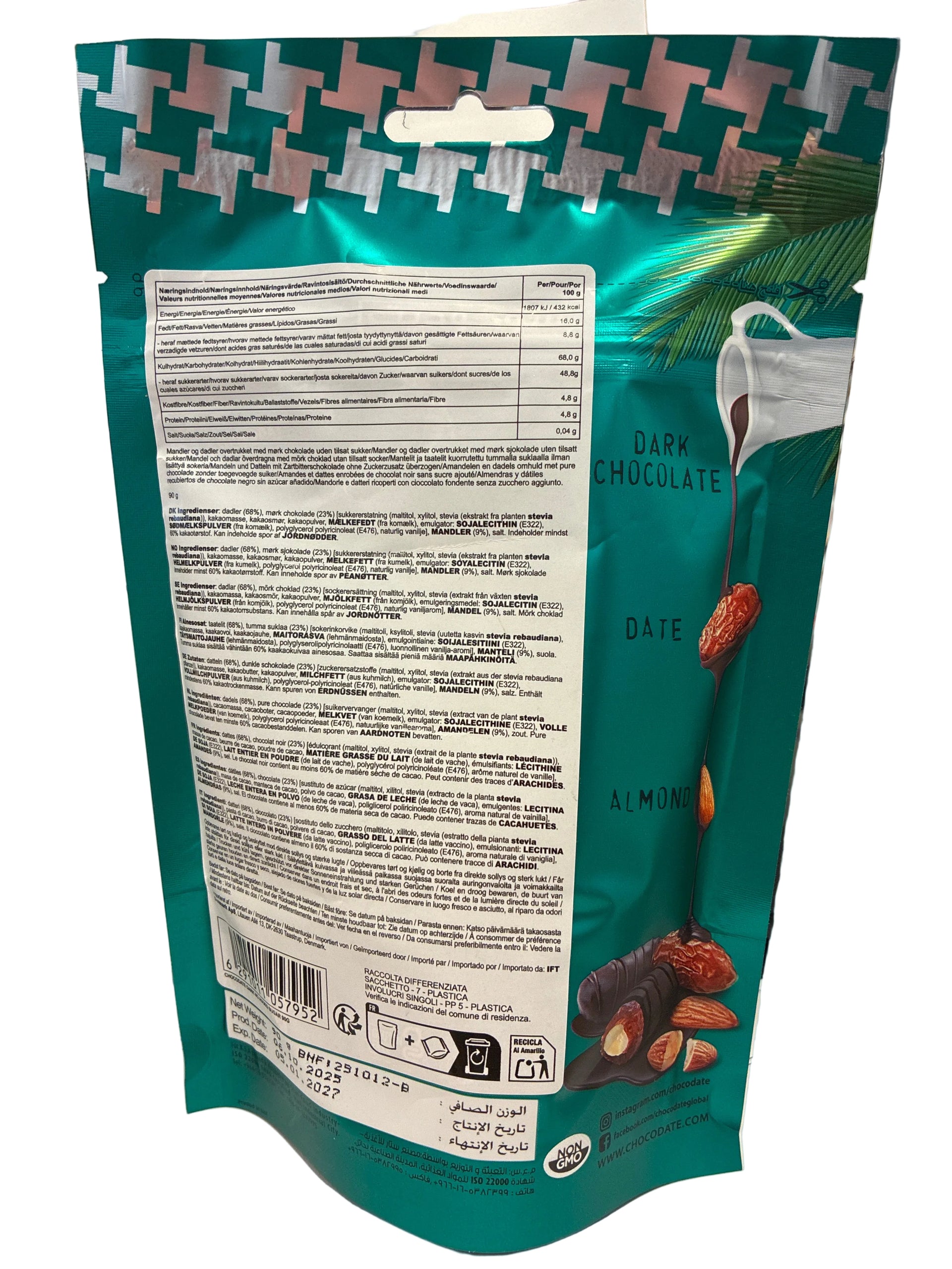 CHOCODATE | NO SUGAR | Dark Mørk chokolade dadler m mandler | 90 g