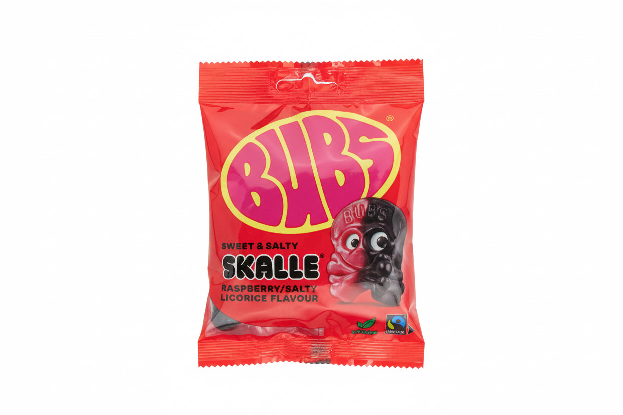 Bubs - Halal slik - Hindbær/lakrids vingummiskalle - Gelatinfri lakrids - 90g - kun naturlige ingredienser