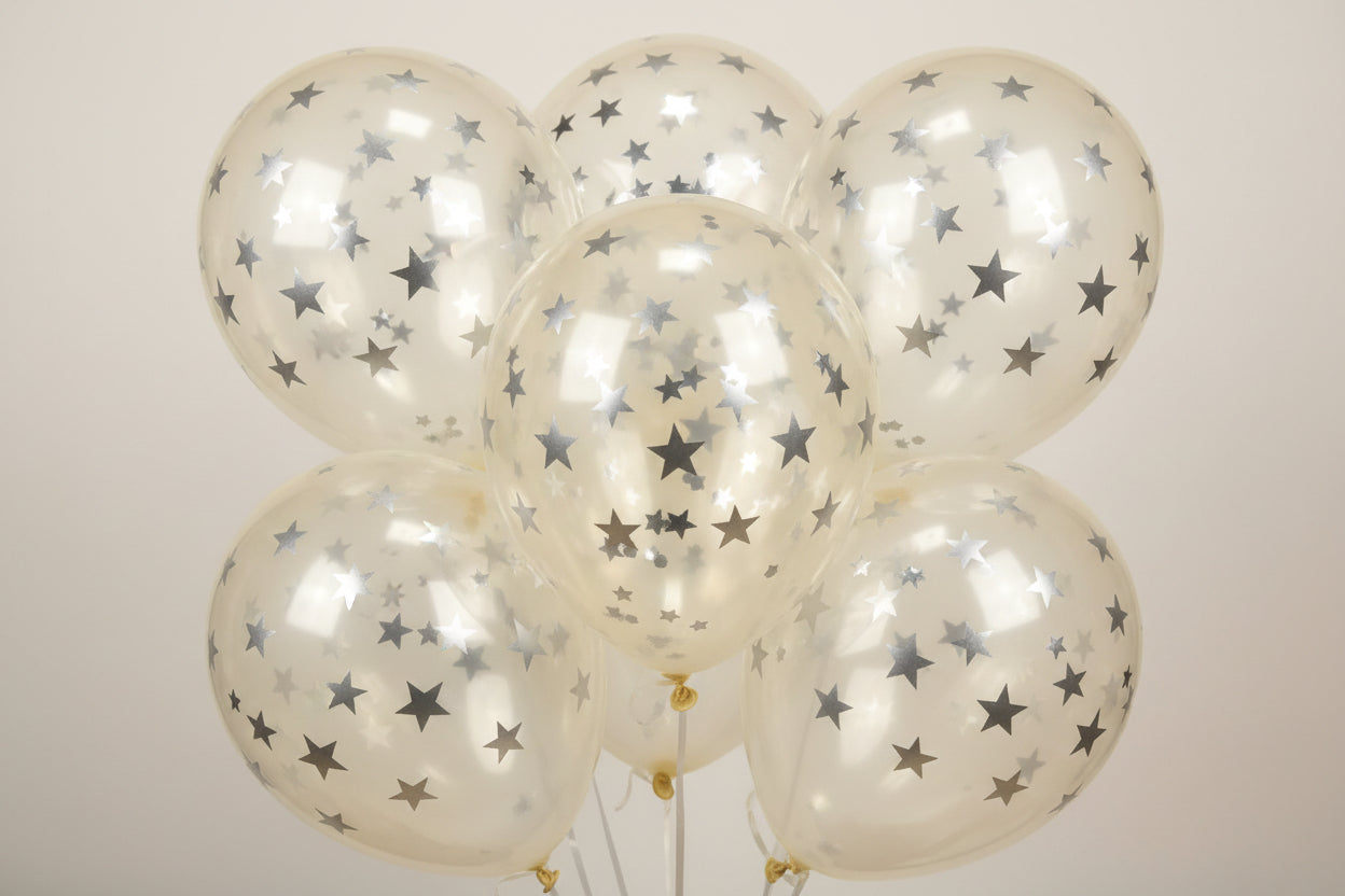 Krystalklar ballon med sølv stjerner - 6 stk - 30cm - ekstra stærk ballon