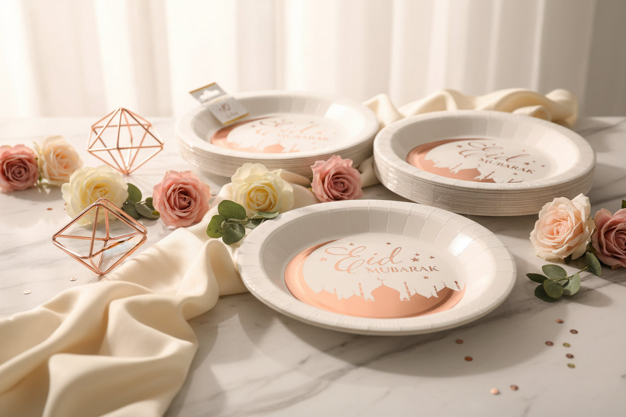 Eid Mubarak pap tallerkener - 8 stk hvid-bronze - 22cm