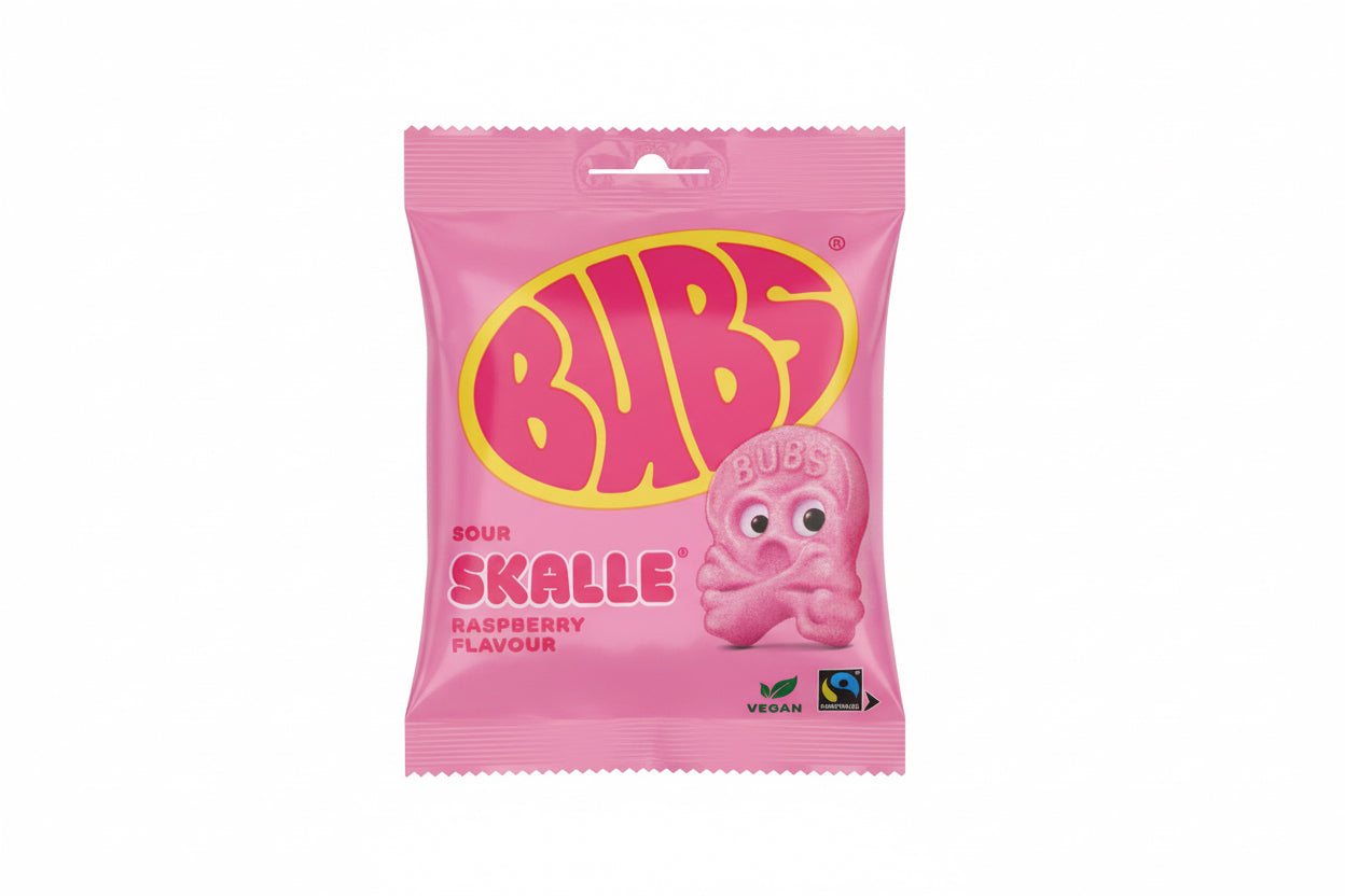 Bubs - Halal slik - Cool Hallon Gelatinfri Skalle Skum - 90g - Hindbær skum - kun naturlige ingredienser