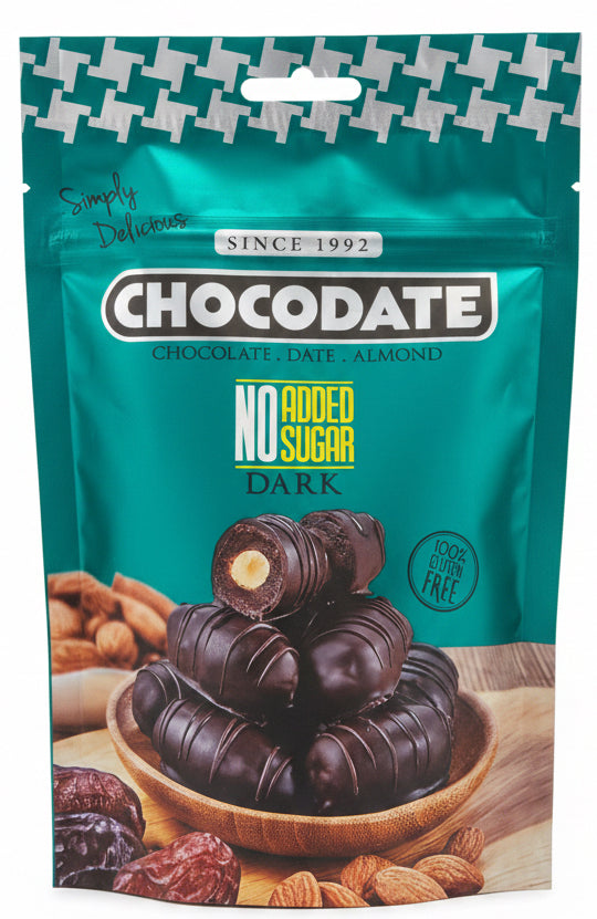 CHOCODATE | NO SUGAR | Dark Mørk chokolade dadler m mandler | 90 g