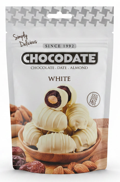 CHOCODATE | hvid white | hvid chokolade dadler m mandler | 90 g