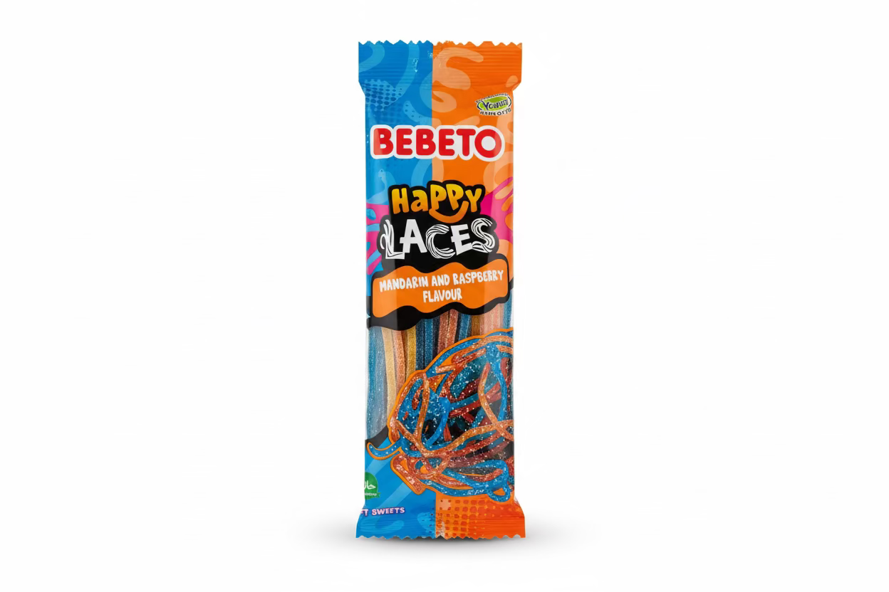 Bebeto Happy Laces mandarin og hindbær 75g