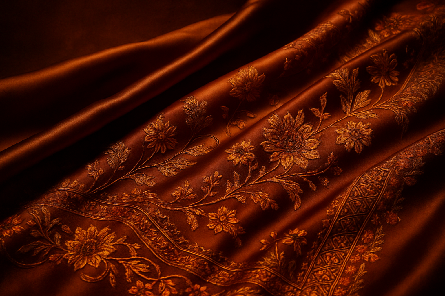 A dark, warm background in amber tones, with silk. embroidery