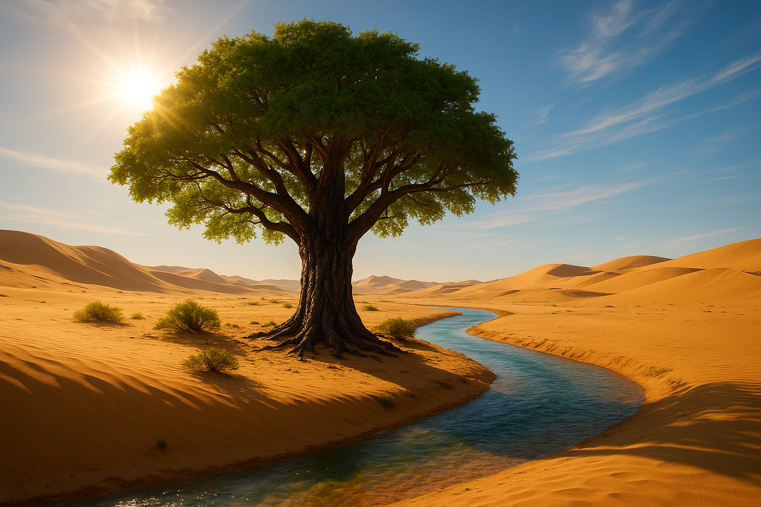 agarwood tree sun desrt river flowing