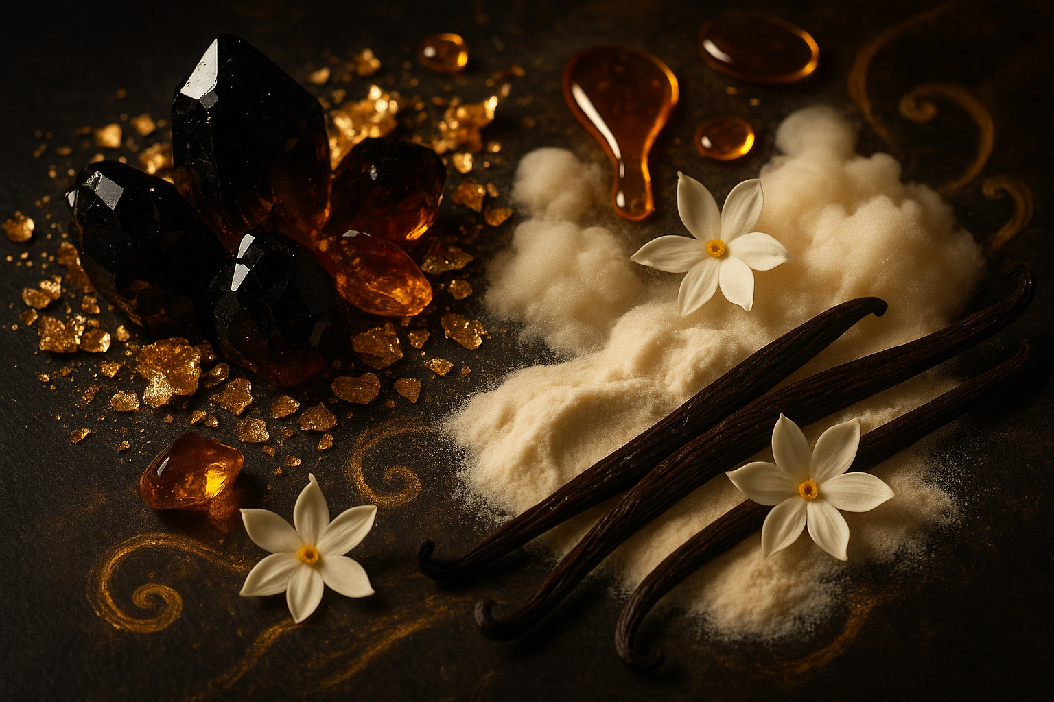 black AMBER Balsamic notes Musc Powdered notes, Rich Vanilla Jasmin GOLD