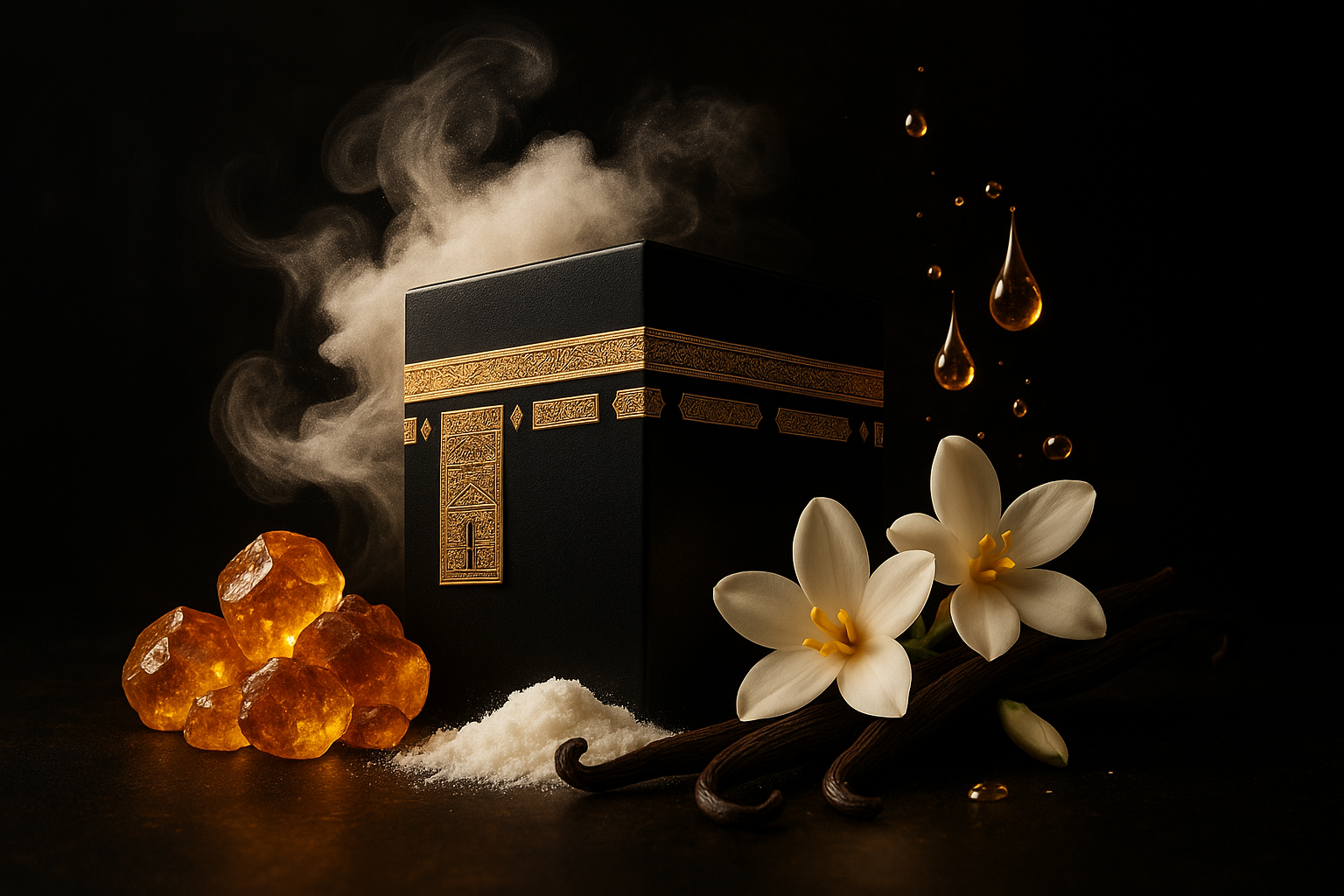 black Makkah AMBER Balsamic notes Musc Powdered notes, Rich Vanilla Jasmin GOLD