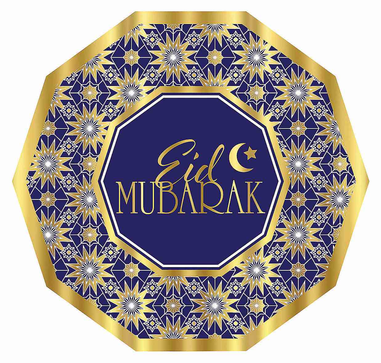 Eid Mubarak pap tallerkener - 8 stk blå-guld-kantet - 23cm