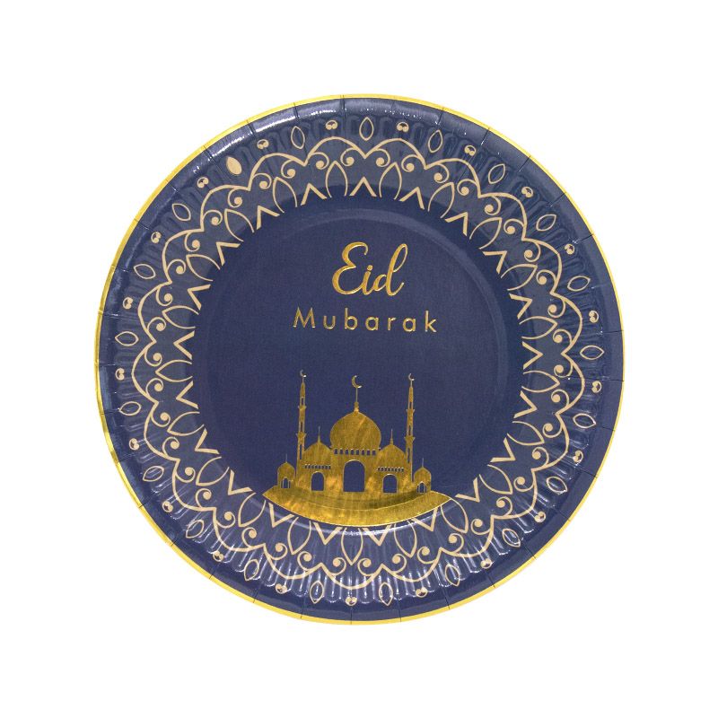 Eid Mubarak pap tallerkener - 8 stk blå-guld-moske - 28cm