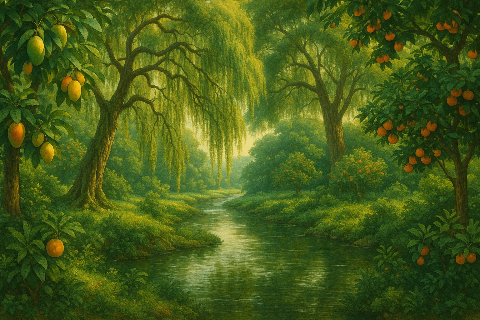 paradise a river trees hangig branches fruits on trees