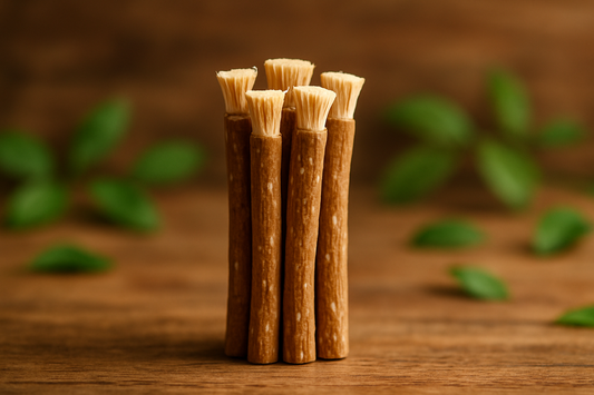pile of 6 Miswak sticks  standing up in the center of the picture suface or backgrounad blurred wooden surface with leaves