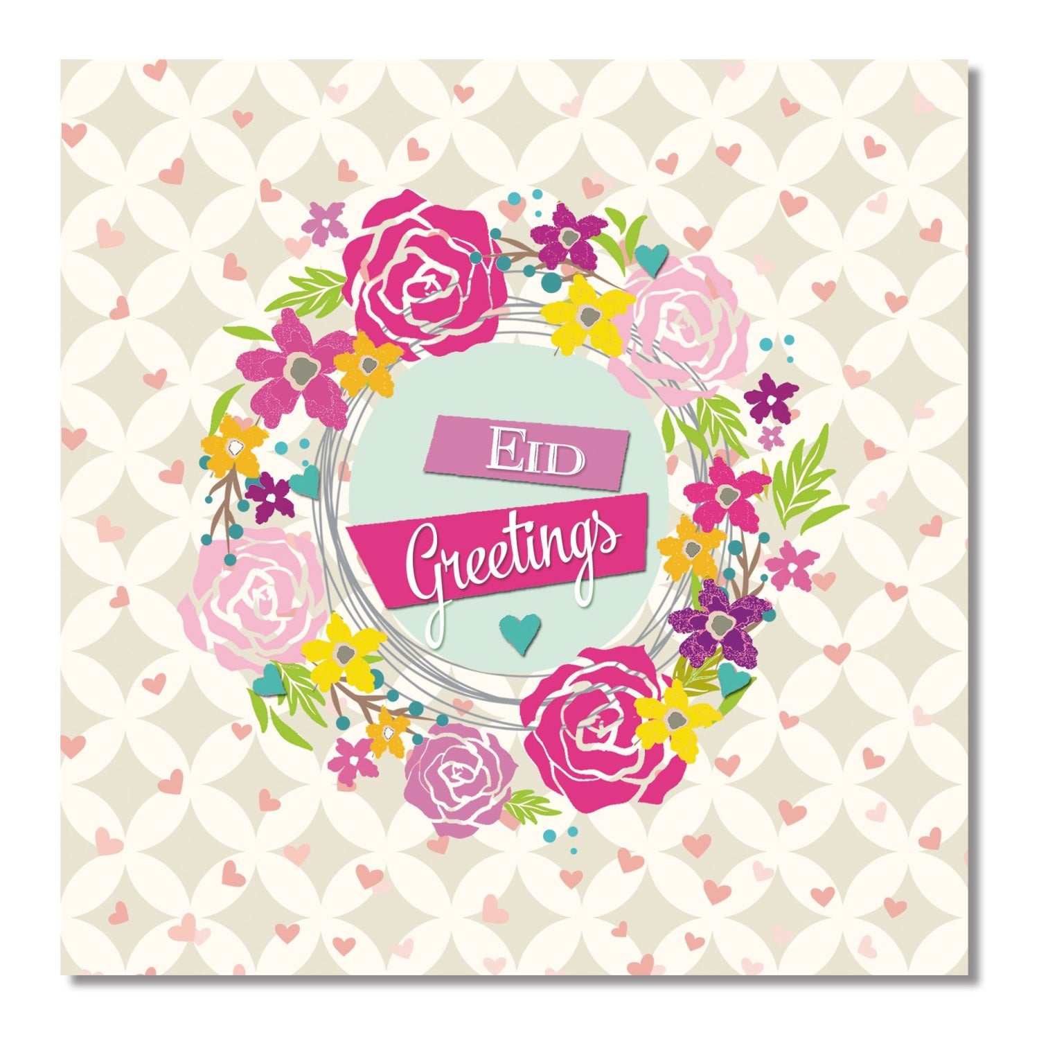 Postkort - Eid Greetings - Blomsterkrans med hjerter