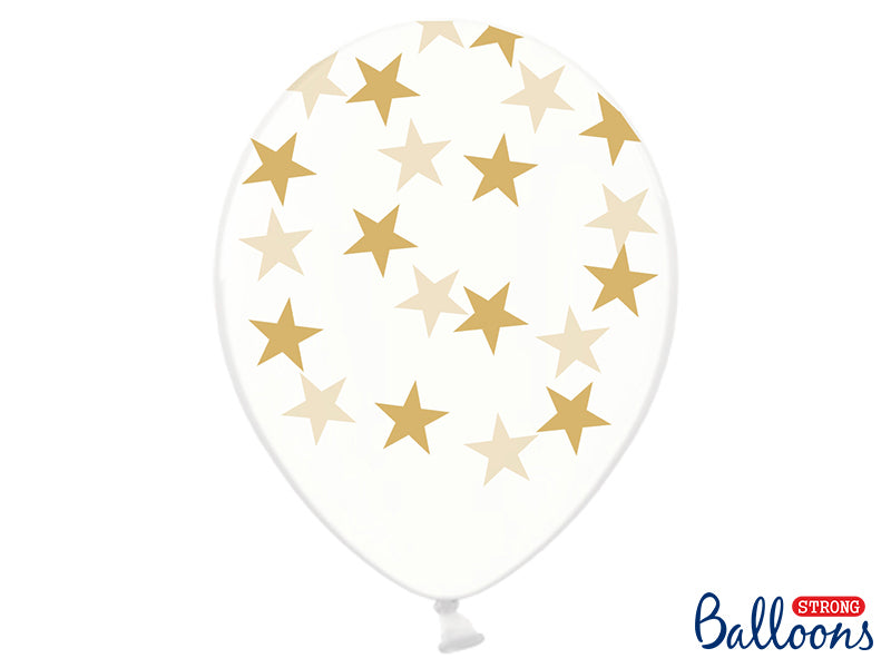 Transparent ballon med guld stjerner - 6 stk - 30cm