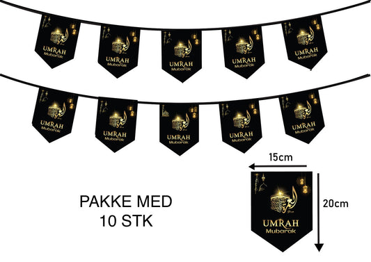 Umrah Mubarak flag - 10 stk på snor - sort - 2.5m