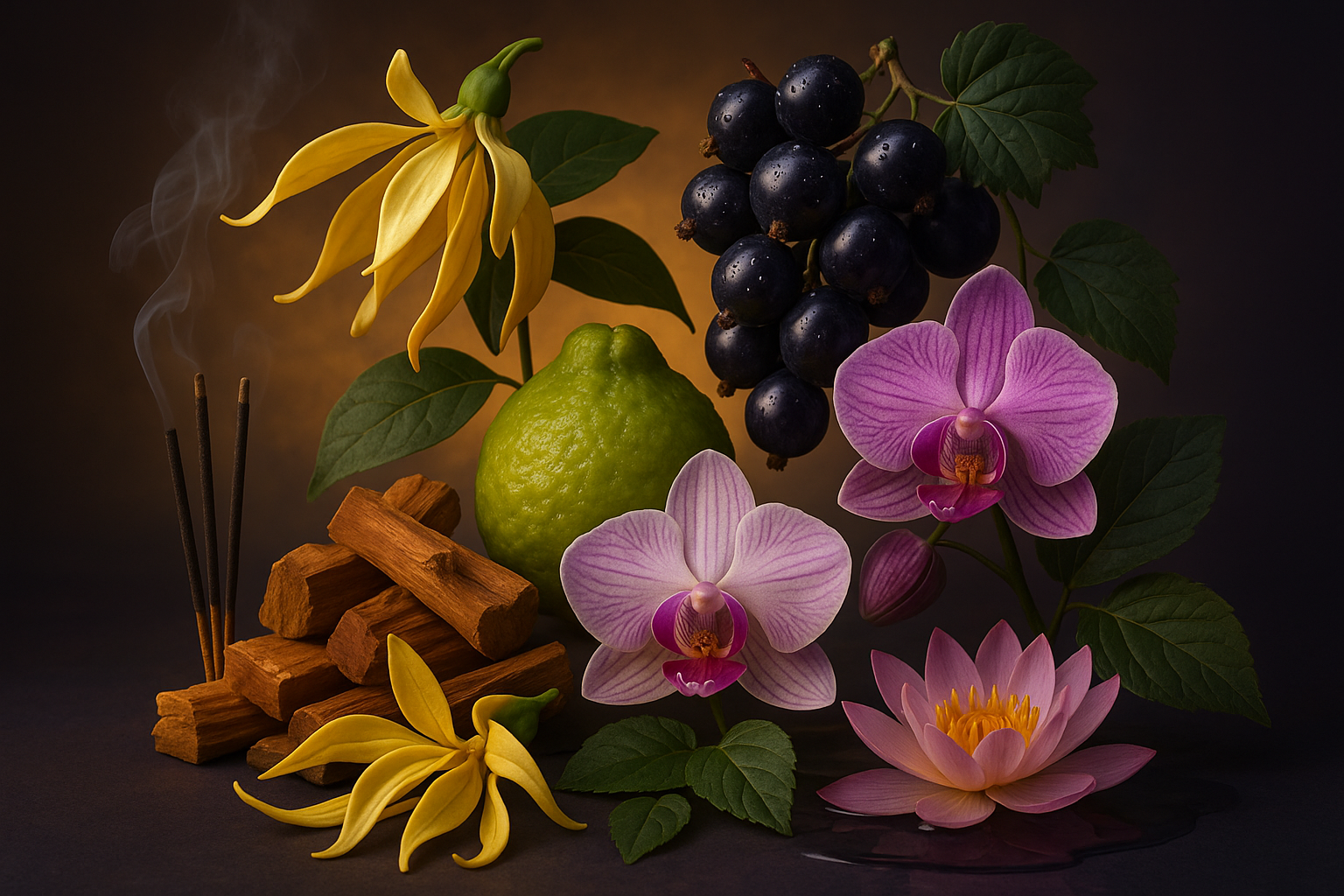Ylang-Ylang, Black currant , Bergamot
 Orkidé, Lotus
Sandeltree, incense sticks , Patchouli