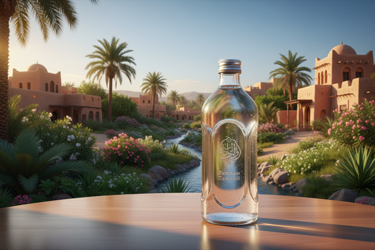zamzam water bottle beautifull background lucious greens and desert houses
