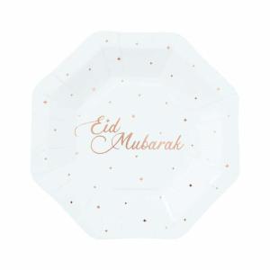 Eid Mubarak pap tallerkener - 8 stk hvid-guld-stjerner - 18cm