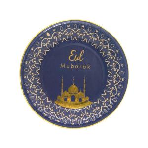 Eid Mubarak pap tallerkener - 8 stk bl-guld-moske - 28cm