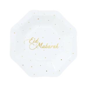 Eid Mubarak pap tallerkener - 8 stk hvid-guld - 18cm