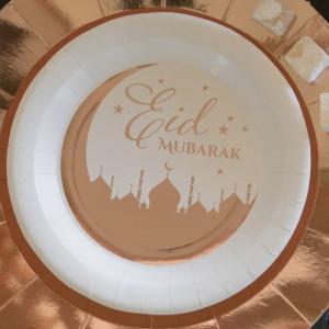 Eid Mubarak pap tallerkener - 8 stk hvid-bronze - 22cm